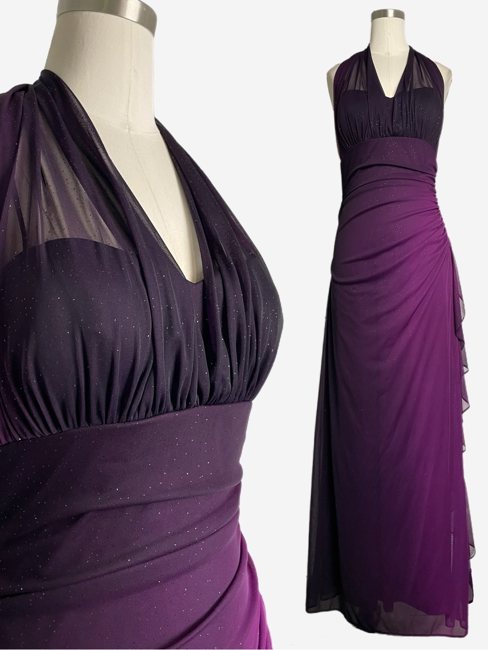Vintage Y2K Blondie Nites Purple Ombre glitter ruffle ruched halter gown M/L